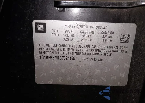 2016 Chevrolet Cruze Lt Auto из США, поврежденный, VIN 1G1BE5SM1G7324169